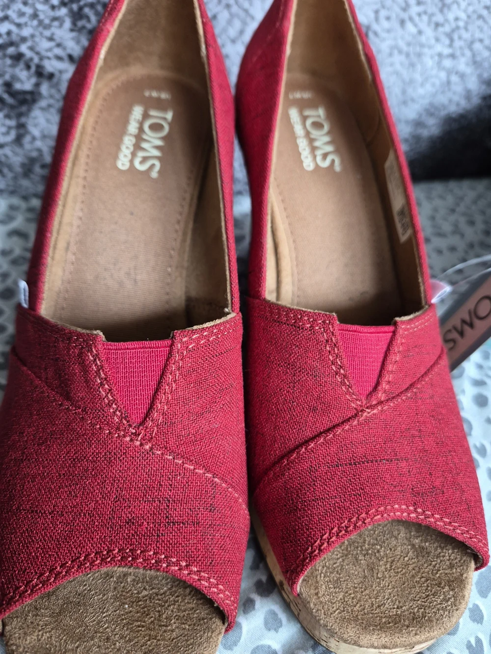 TOMS Red Peep-Toe Classic Wedge.  Crosshatch Jacquard. FREE Ship!